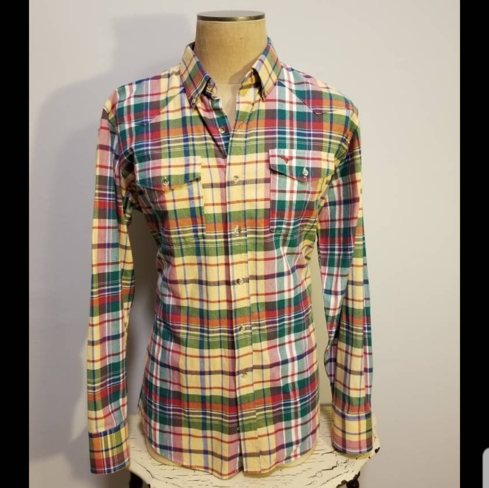 LONGHORN WESTERN DRESS SHIRT COWBOY COUNTRY FARMER PLAID PREPPY FALL RANCH WEAR